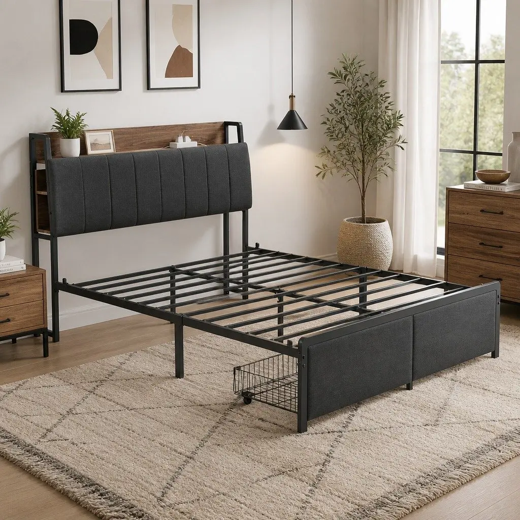 Metal Bed Frame Double Size with 2-Tier Hidden Storage Headboard Charging