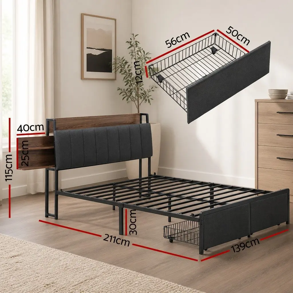 Metal Bed Frame Double Size with 2-Tier Hidden Storage Headboard Charging