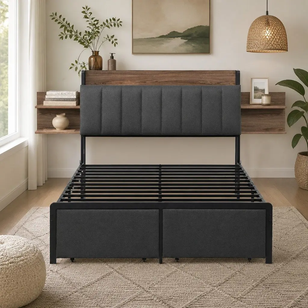 Metal Bed Frame Double Size with 2-Tier Hidden Storage Headboard Charging