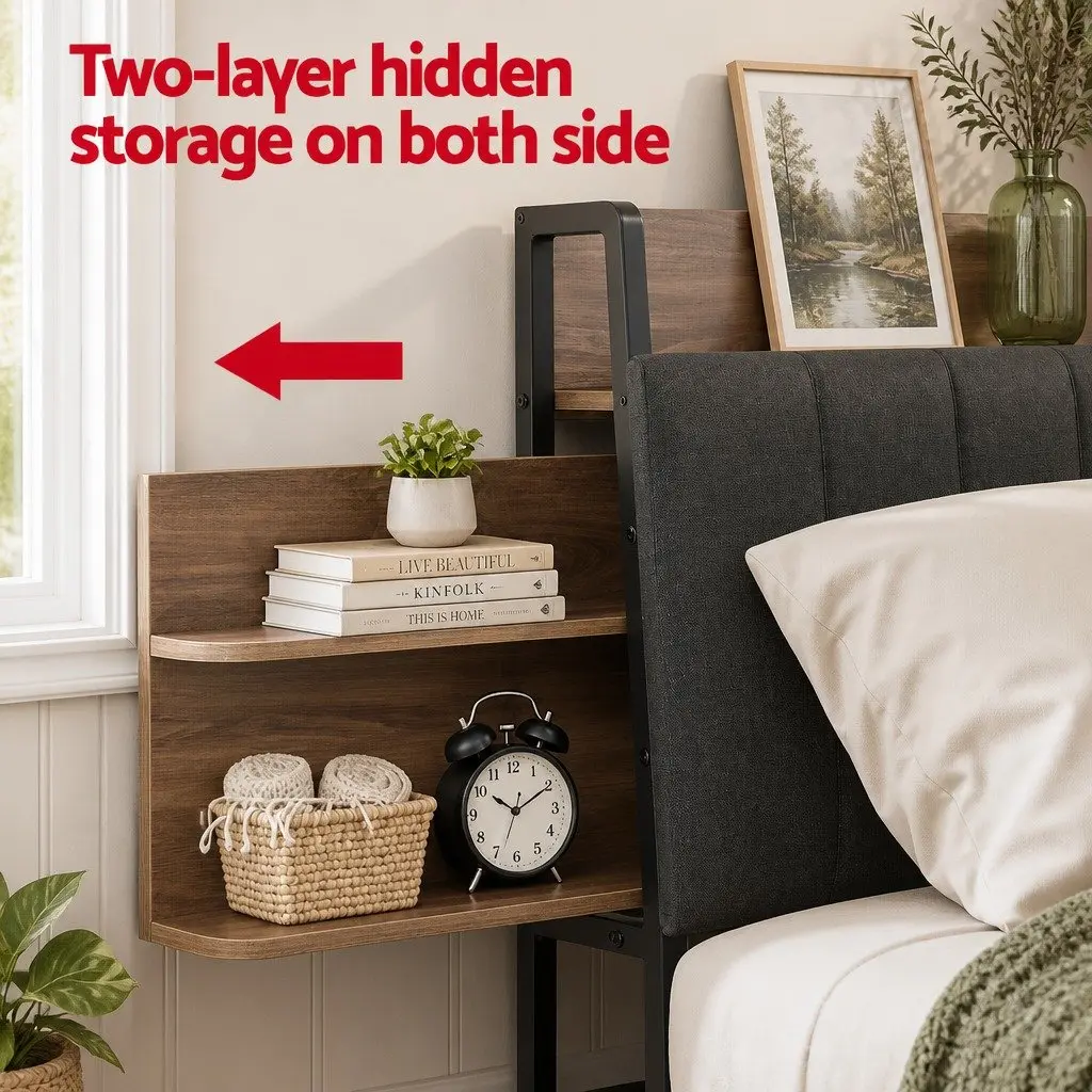 Metal Bed Frame Double Size with 2-Tier Hidden Storage Headboard Charging