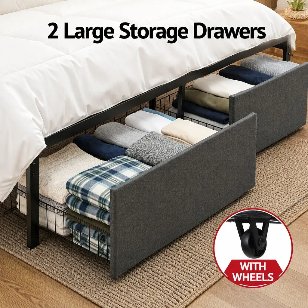 Metal Bed Frame Double Size with 2-Tier Hidden Storage Headboard Charging