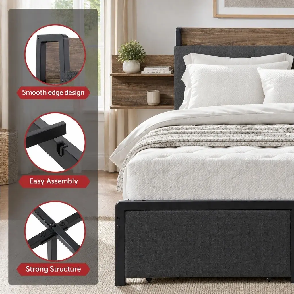 Metal Bed Frame Double Size with 2-Tier Hidden Storage Headboard Charging