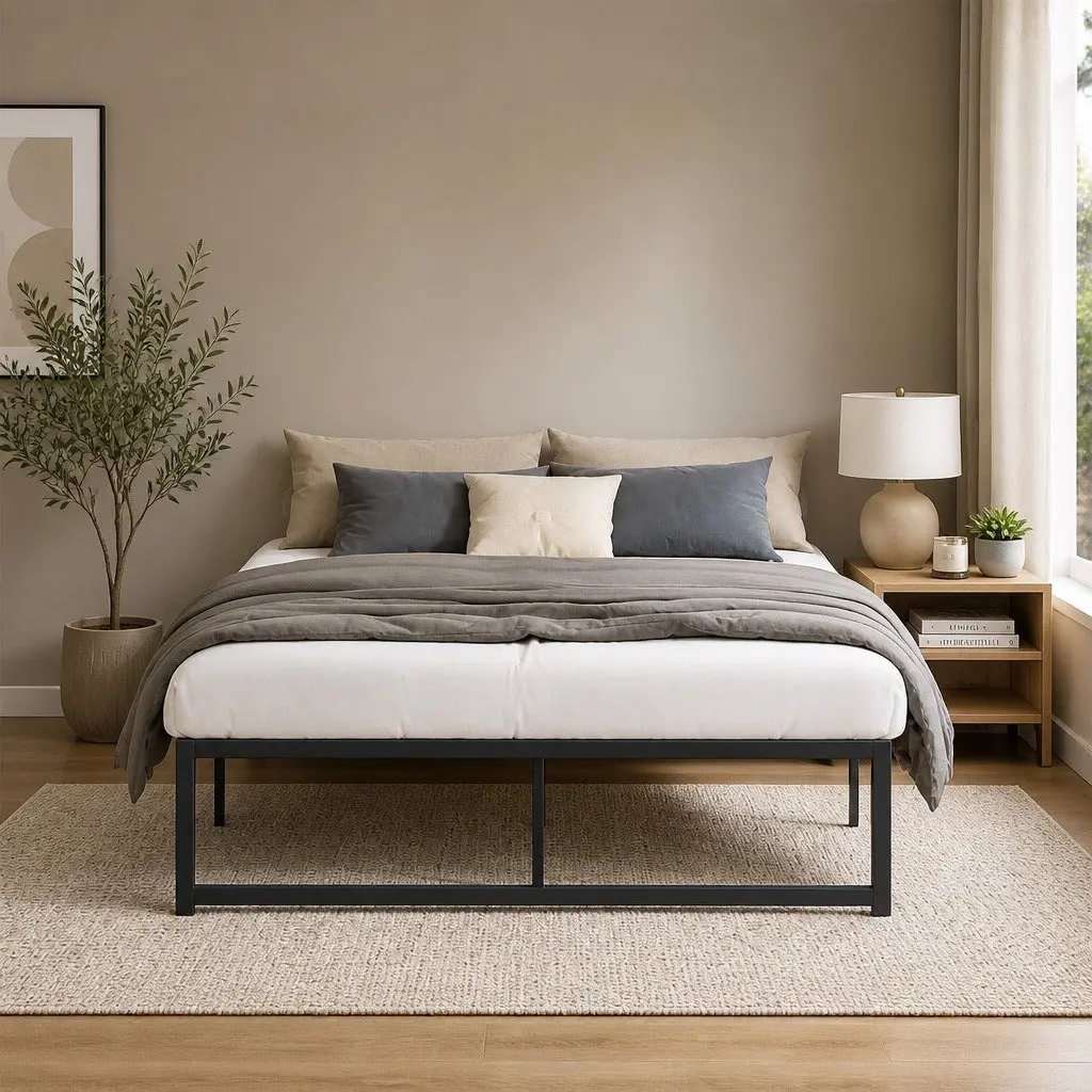 Double Metal Bed Frame Black Minimalist Design Storage Space Underneath Steel