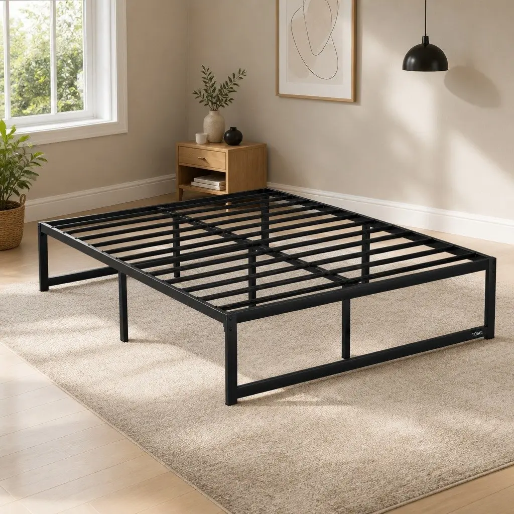 Double Metal Bed Frame Black Minimalist Design Storage Space Underneath Steel