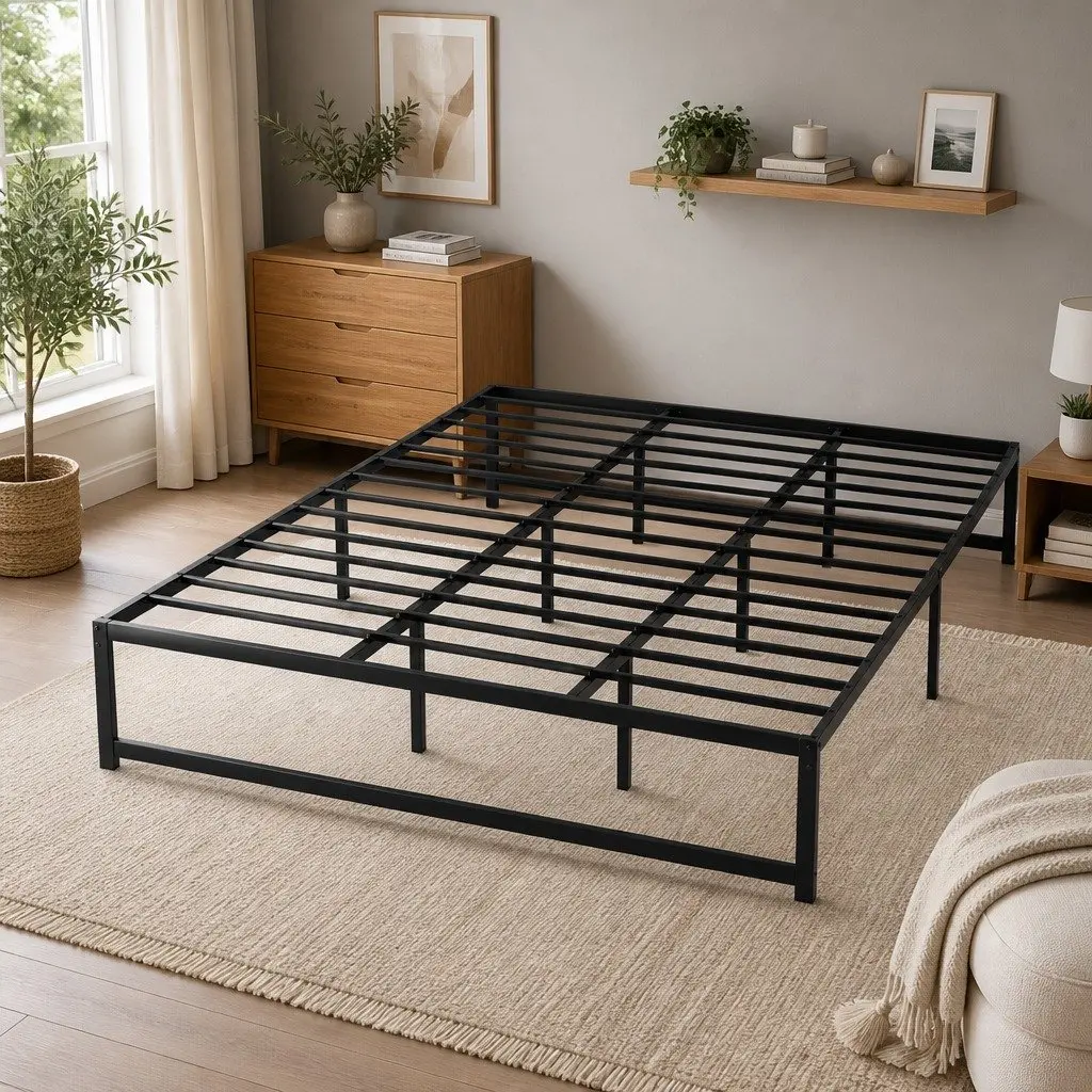 King Size Metal Bed Frame Black Steel Minimalist Design Storage Space