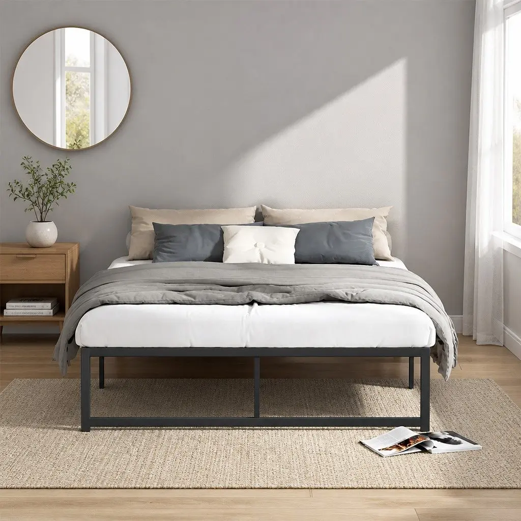 Queen Size Metal Bed Frame Black Steel with Center Support Slats Storage Space