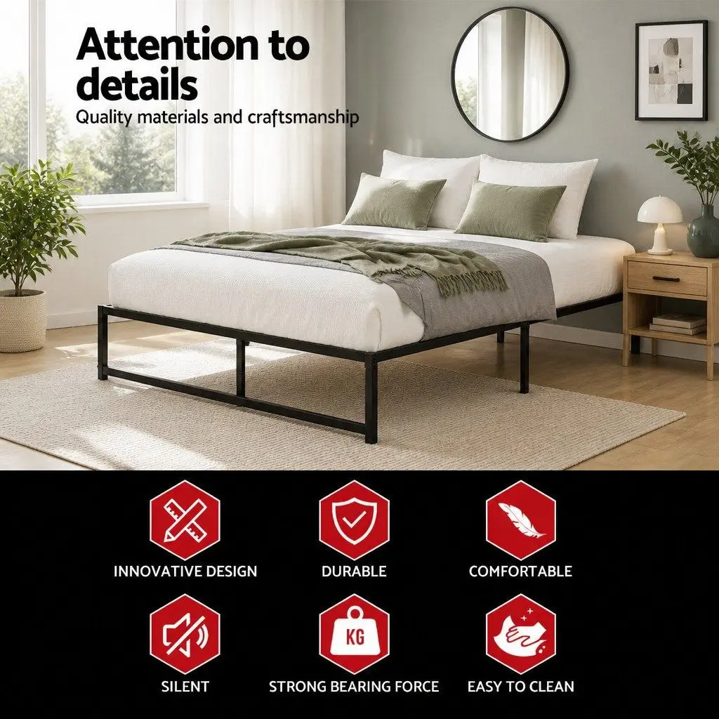 Queen Size Metal Bed Frame Black Steel with Center Support Slats Storage Space