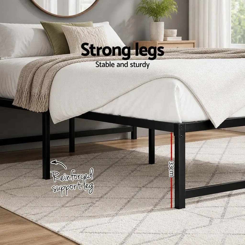 Queen Size Metal Bed Frame Black Steel with Center Support Slats Storage Space