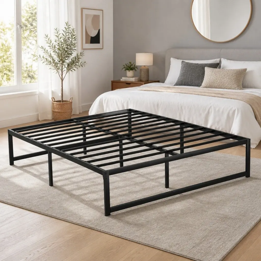 Queen Size Metal Bed Frame Black Steel with Center Support Slats Storage Space