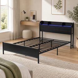 Double Size Metal Bed Frame with Storage Headboard Charging Station LED Lights