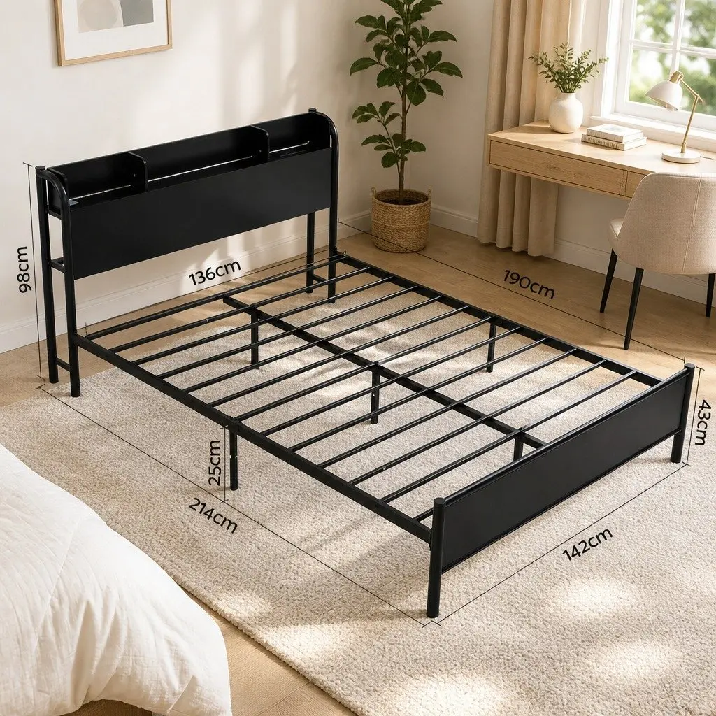 Double Size Bed Frame for Bedroom with Storage Headboard Charging Station and LED Lights