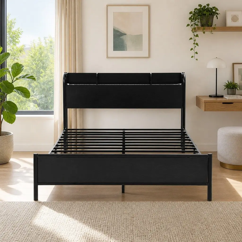 Double Size Bed Frame for Bedroom with Storage Headboard Charging Station and LED Lights