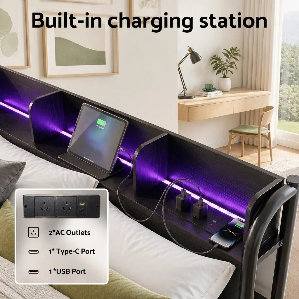 Double Size Bed Frame for Bedroom with Storage Headboard Charging Station and LED Lights