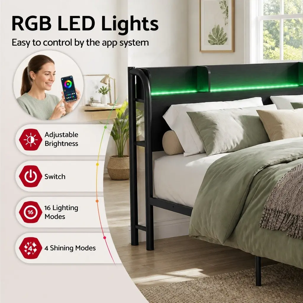 Double Size Bed Frame for Bedroom with Storage Headboard Charging Station and LED Lights