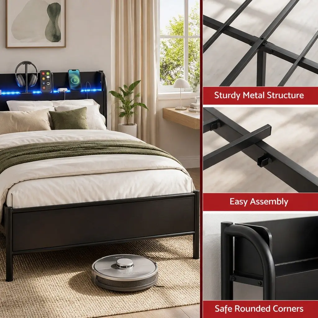 Double Size Bed Frame for Bedroom with Storage Headboard Charging Station and LED Lights