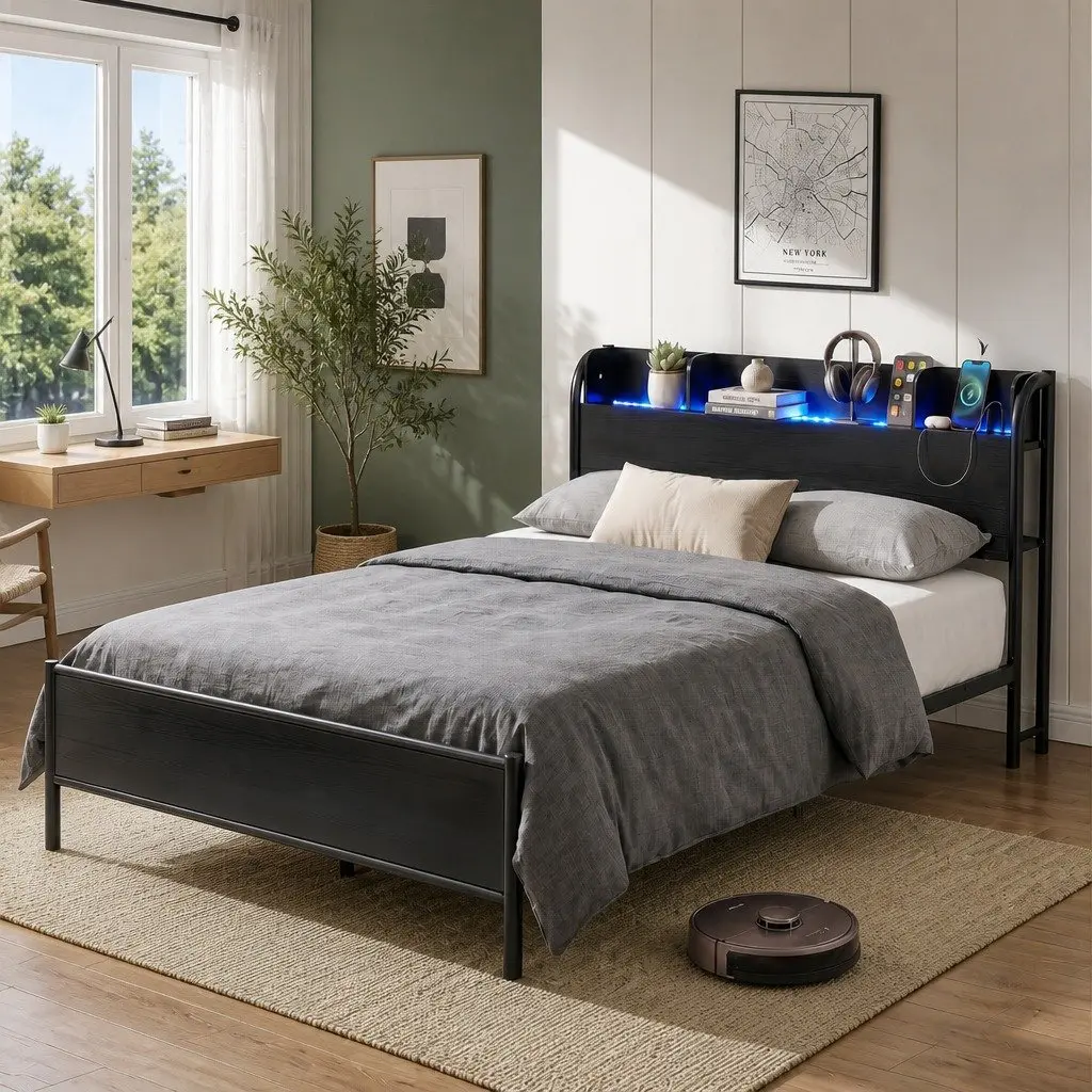 Double Size Bed Frame for Bedroom with Storage Headboard Charging Station and LED Lights