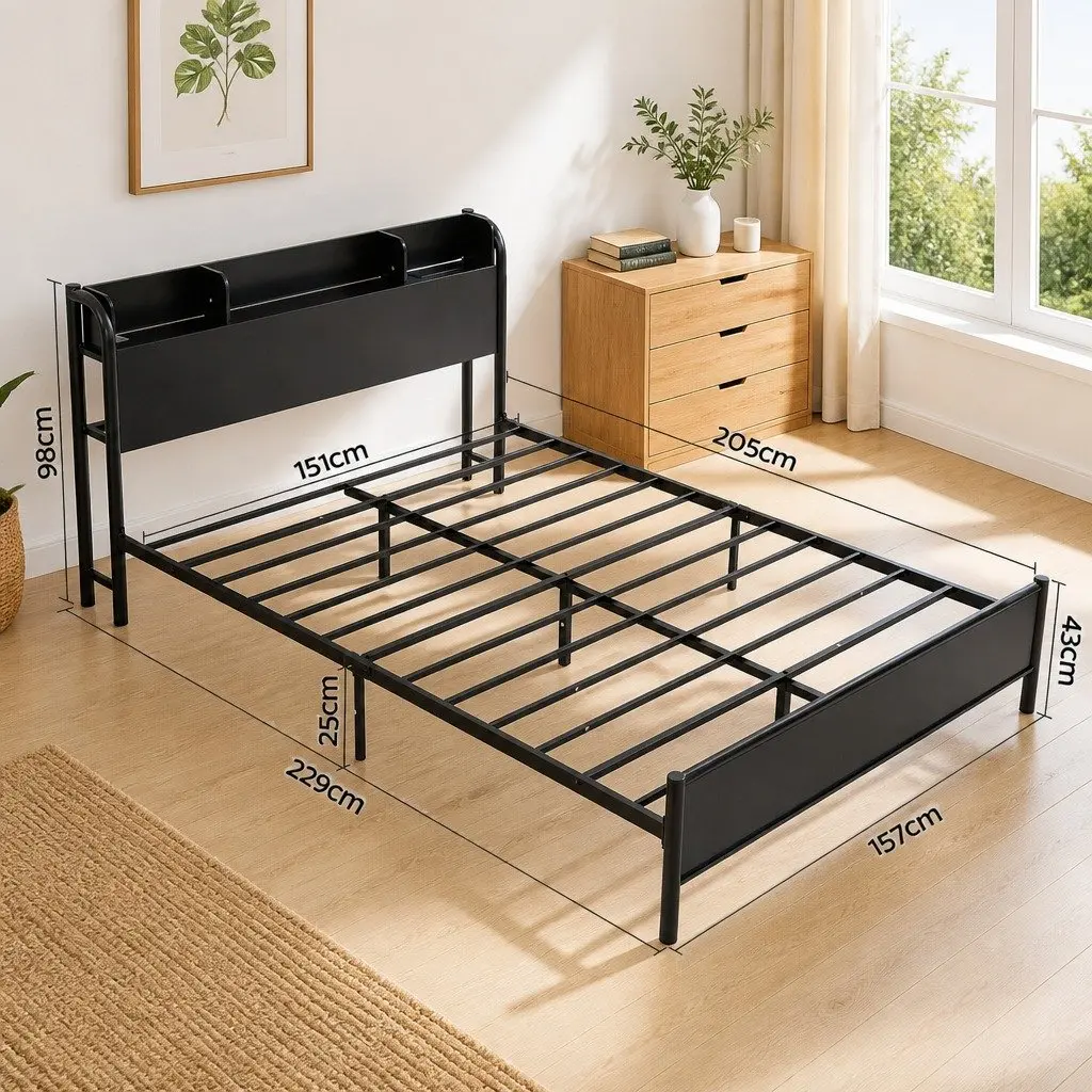 Metal Bed Frame Queen Size with Storage Headboard Charging Station LED Lights