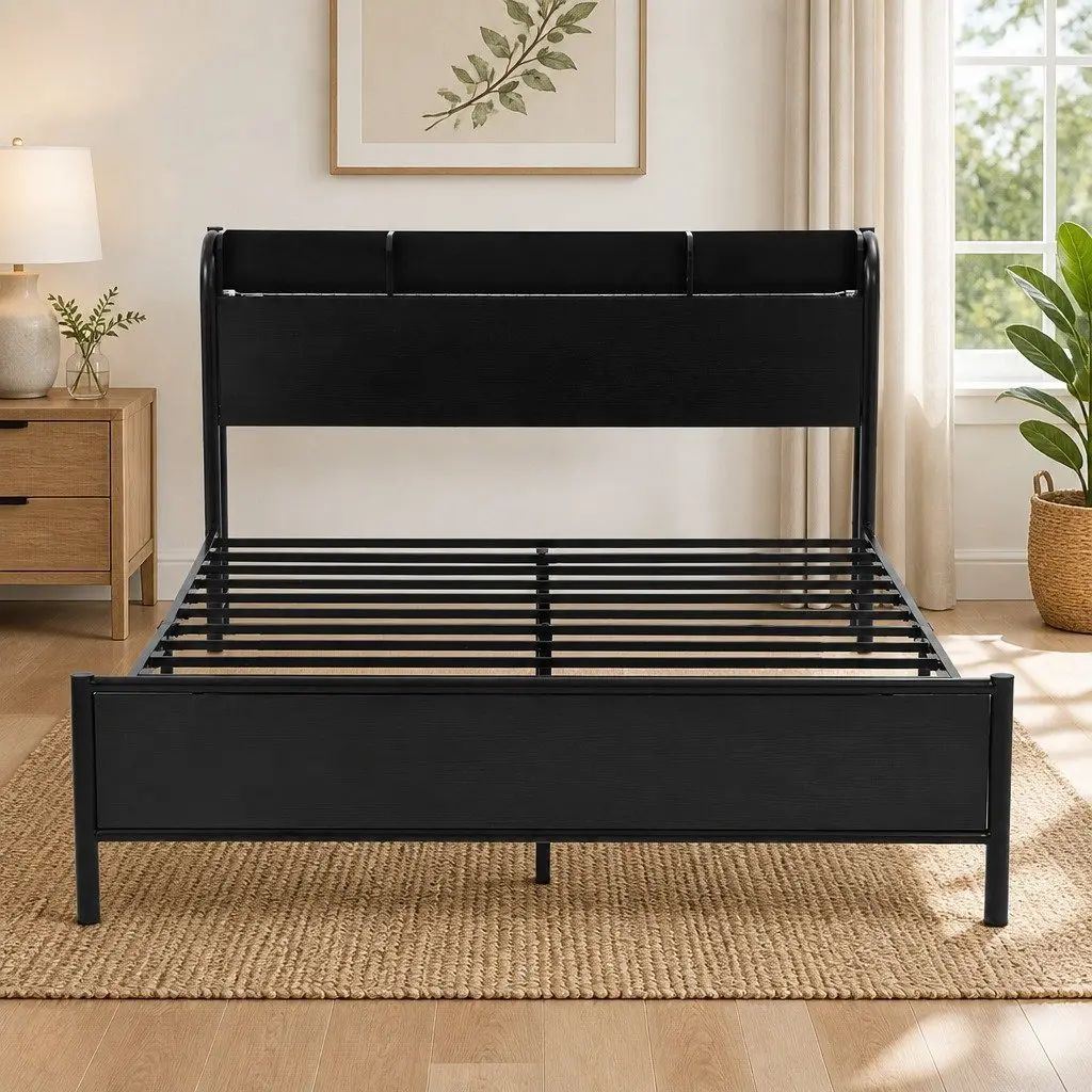 Metal Bed Frame Queen Size with Storage Headboard Charging Station LED Lights