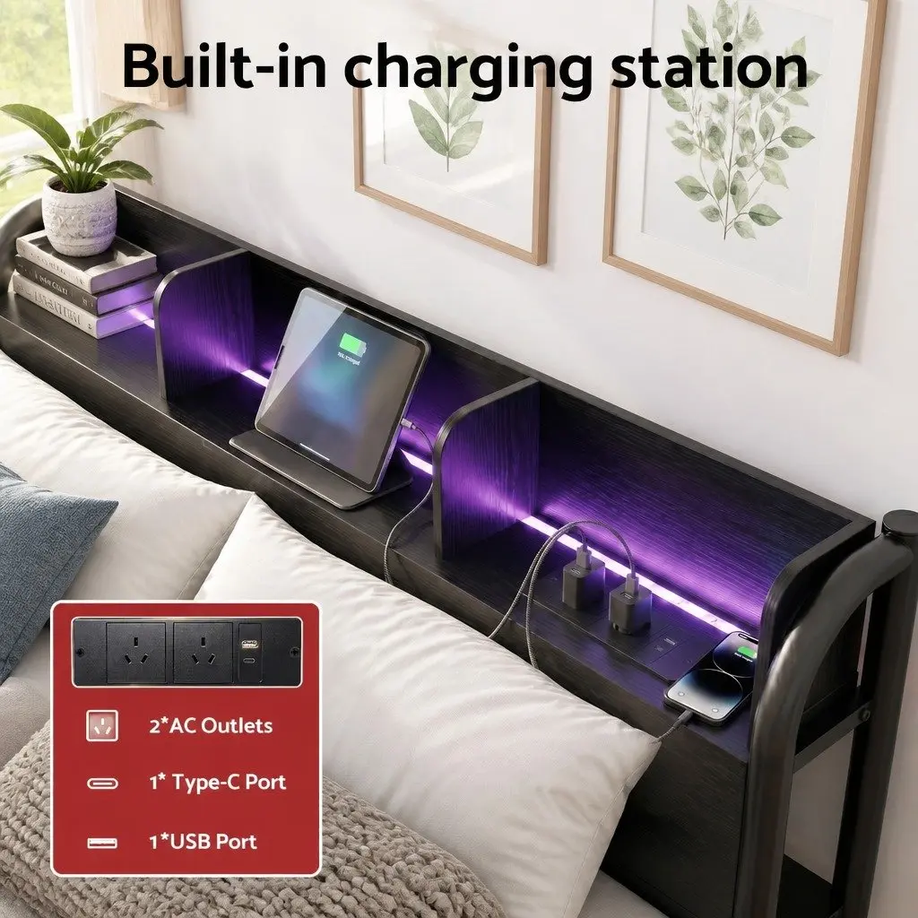 Metal Bed Frame Queen Size with Storage Headboard Charging Station LED Lights