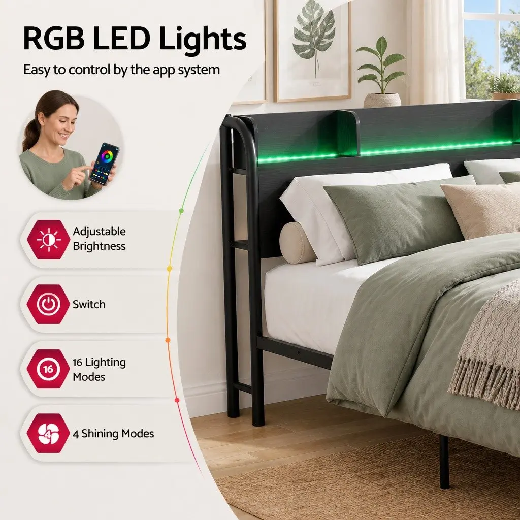 Metal Bed Frame Queen Size with Storage Headboard Charging Station LED Lights