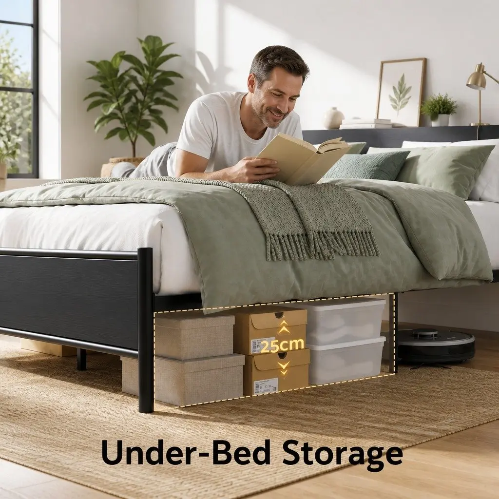 Metal Bed Frame Queen Size with Storage Headboard Charging Station LED Lights