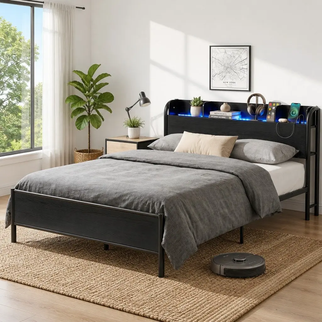 Metal Bed Frame Queen Size with Storage Headboard Charging Station LED Lights