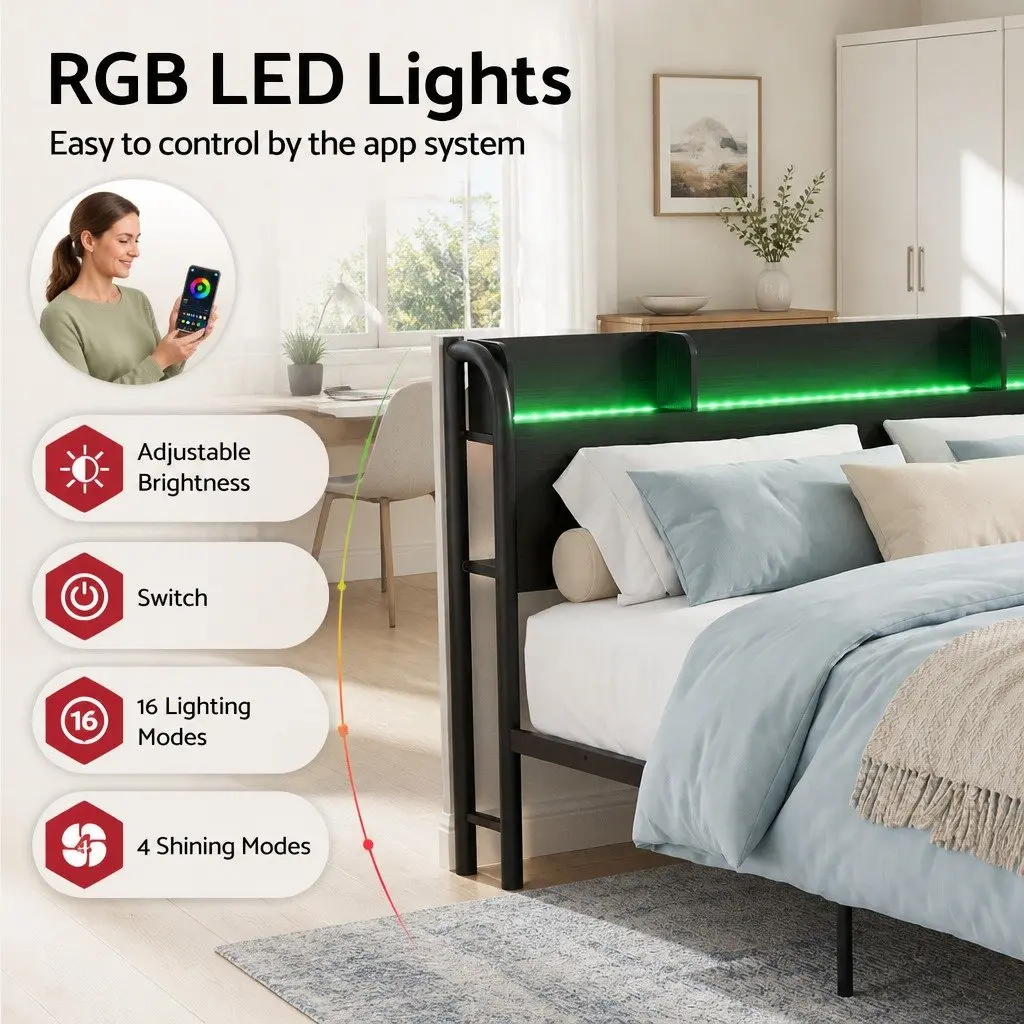 Single Bed Frame with Storage Headboard Charging Station LED Lights Metal
