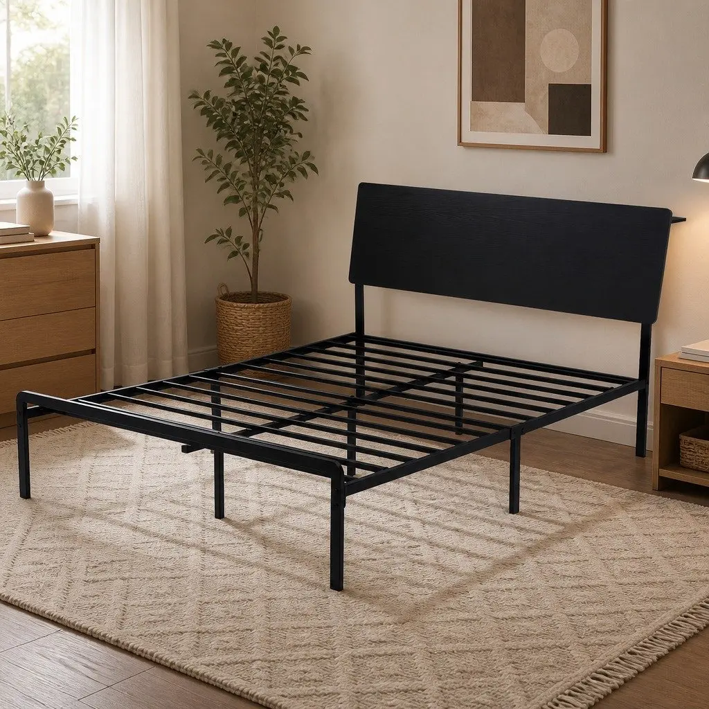 Queen Size Metal Bed Frame with LED Lighting Charging Station Storage Headboard