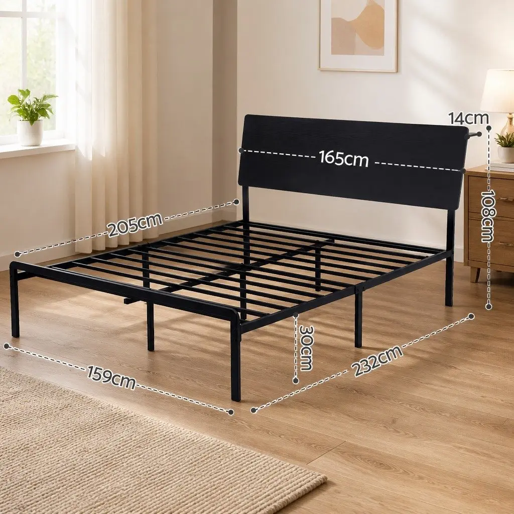 Queen Size Metal Bed Frame with LED Lighting Charging Station Storage Headboard