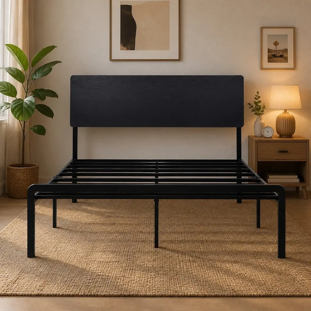 Queen Size Metal Bed Frame with LED Lighting Charging Station Storage Headboard