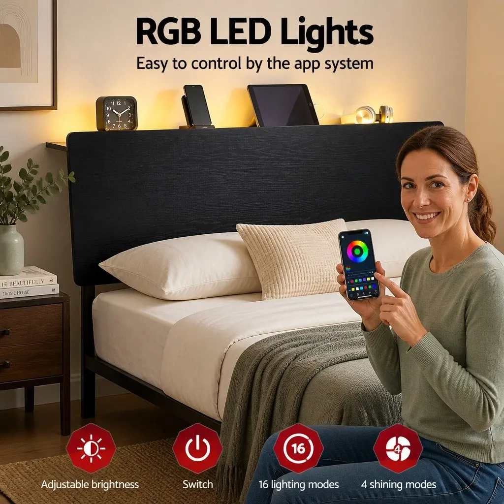 Queen Size Metal Bed Frame with LED Lighting Charging Station Storage Headboard