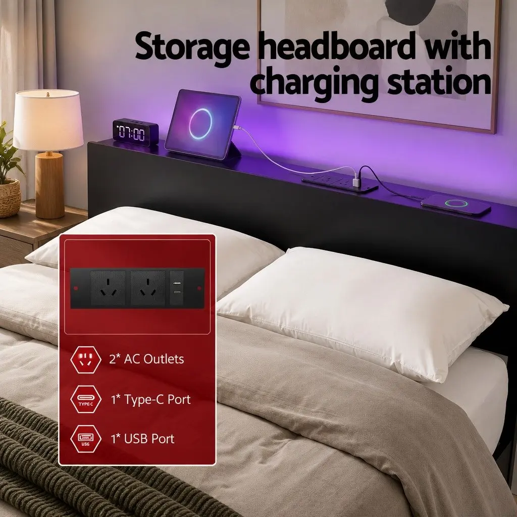 Queen Size Metal Bed Frame with LED Lighting Charging Station Storage Headboard