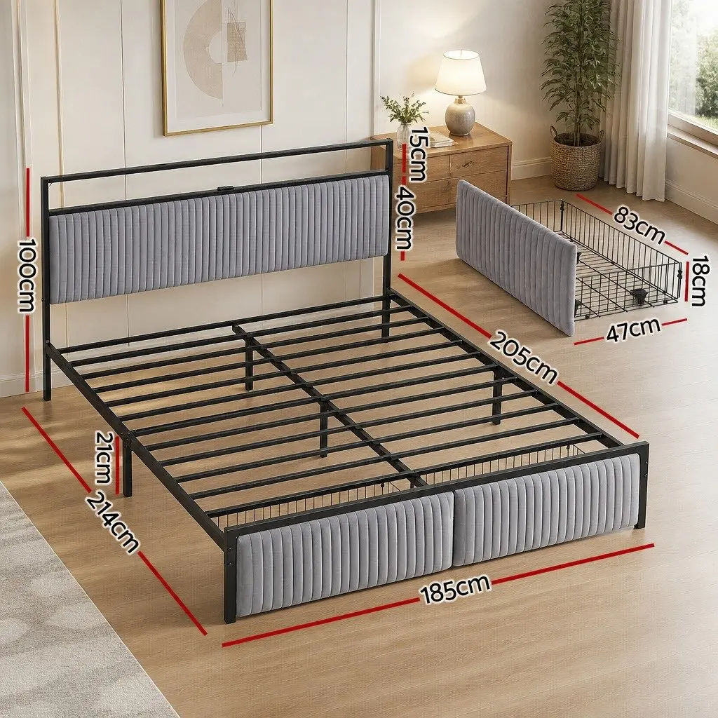 King Size Bed Frame for Bedroom with Velvet Headboard LED Charging Station and 2 Storage Drawers
