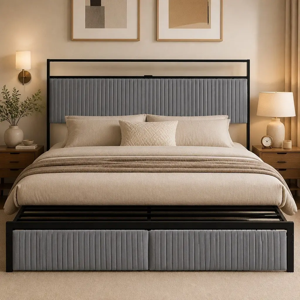 King Size Bed Frame for Bedroom with Velvet Headboard LED Charging Station and 2 Storage Drawers