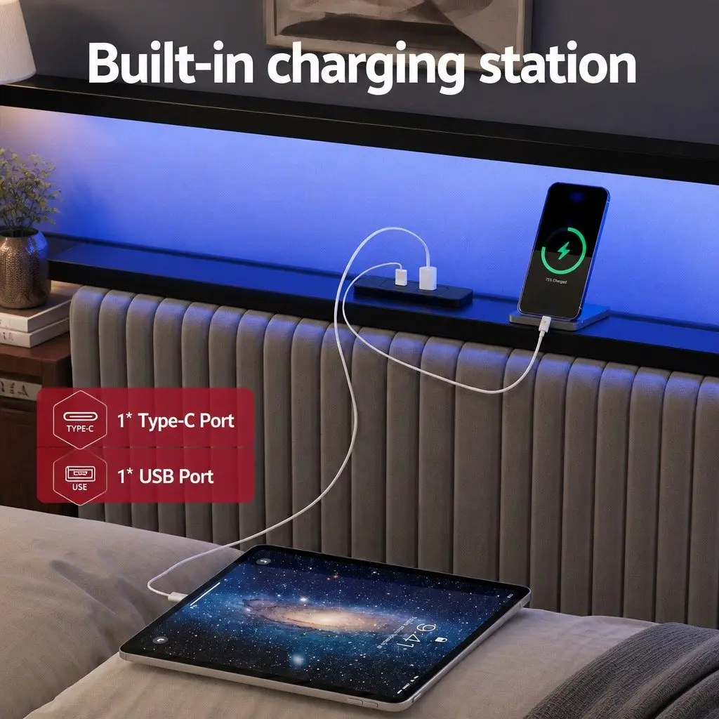 King Size Bed Frame for Bedroom with Velvet Headboard LED Charging Station and 2 Storage Drawers