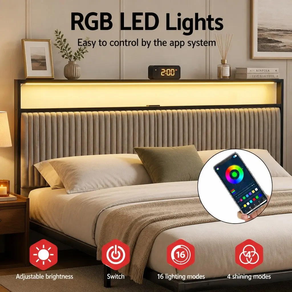 King Size Bed Frame for Bedroom with Velvet Headboard LED Charging Station and 2 Storage Drawers