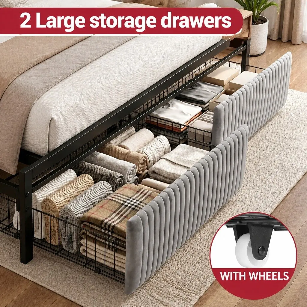King Size Bed Frame for Bedroom with Velvet Headboard LED Charging Station and 2 Storage Drawers