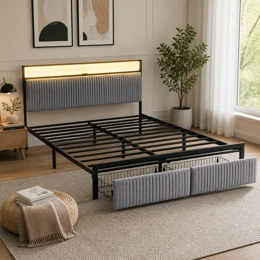 King Size Bed Frame for Bedroom with Velvet Headboard LED Charging Station and 2 Storage Drawers