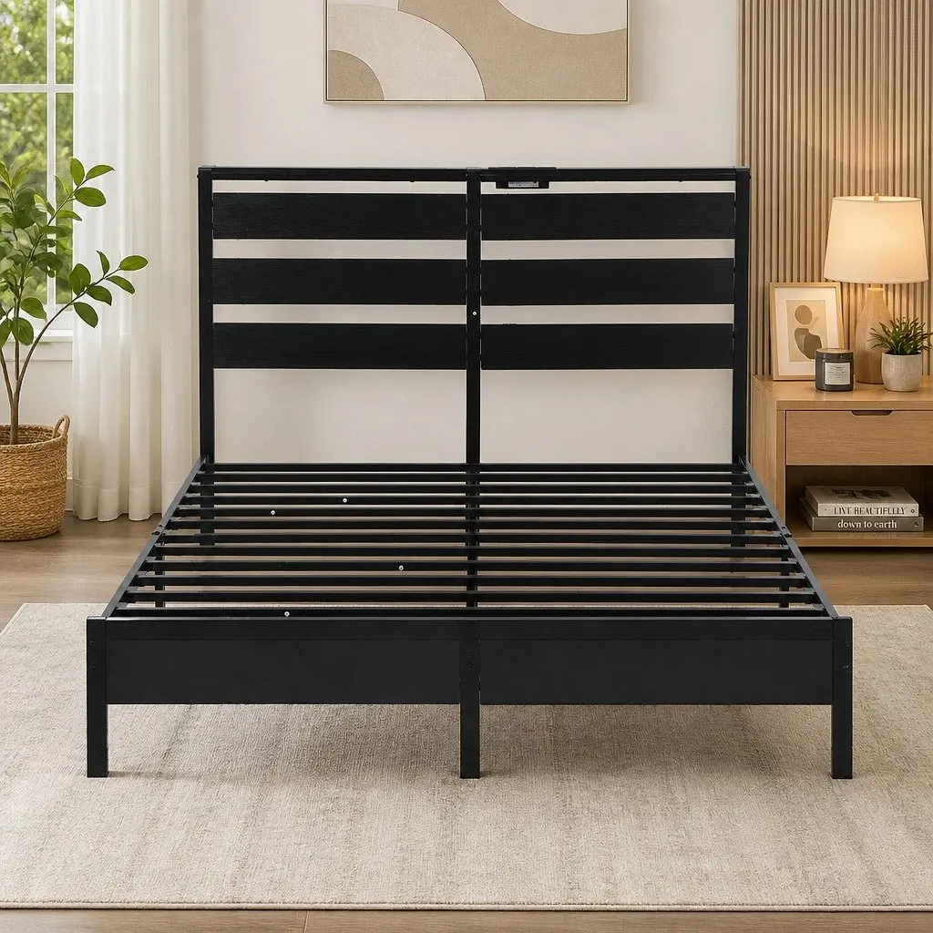 Double Bed Frame Black Metal Platform LED Lights Headboard Storage Charging
