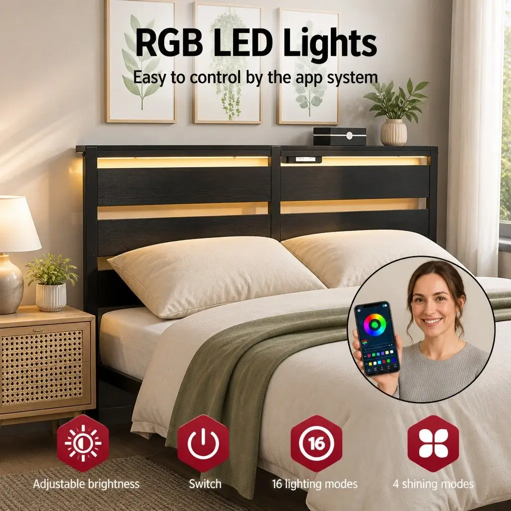 Double Bed Frame Black Metal Platform LED Lights Headboard Storage Charging