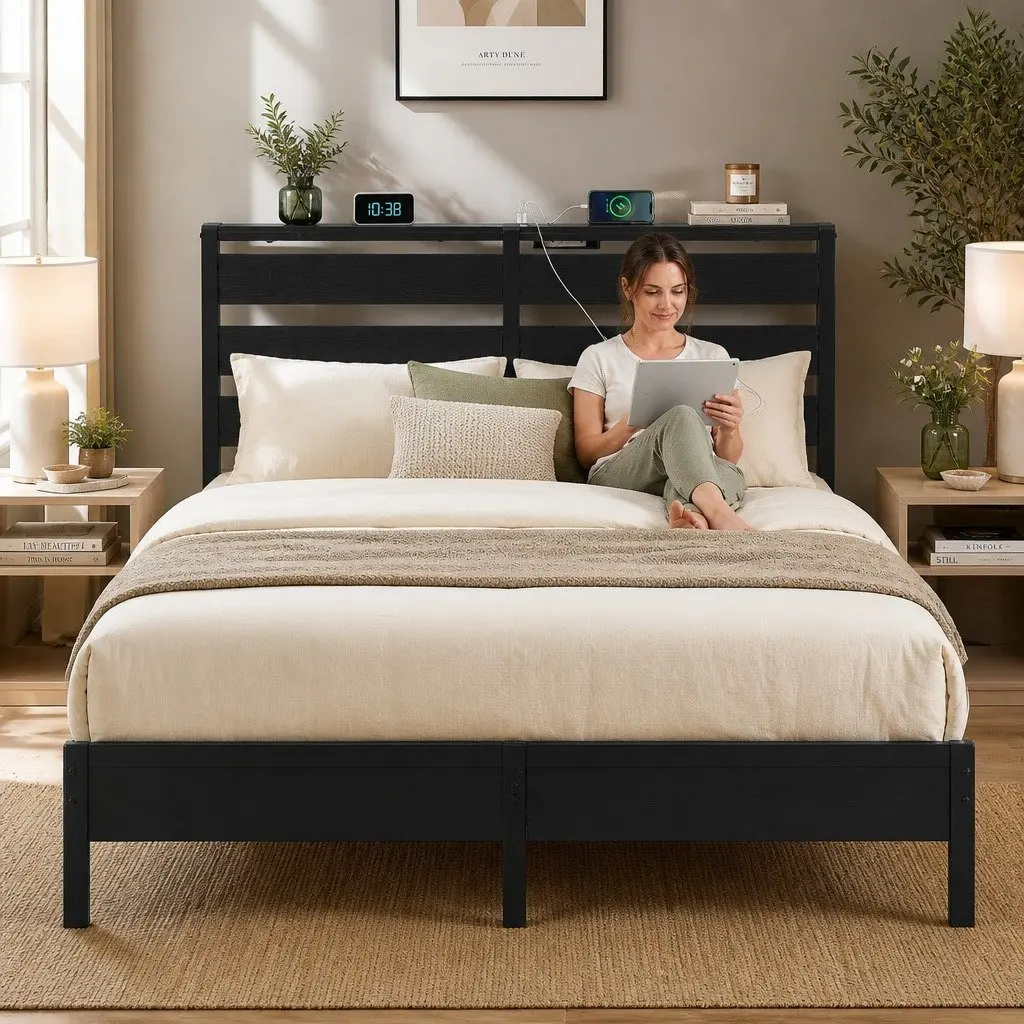 Double Bed Frame Black Metal Platform LED Lights Headboard Storage Charging