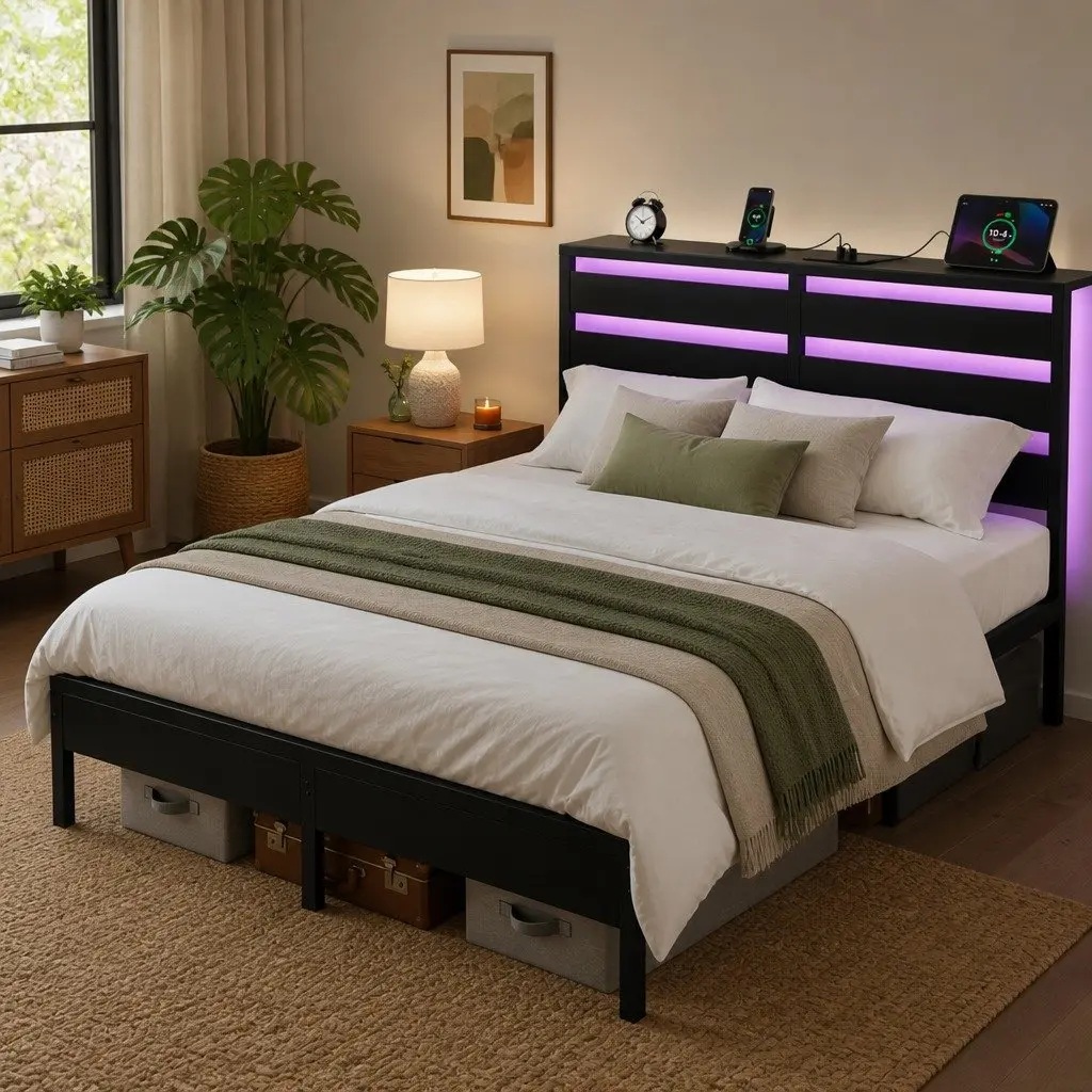 Queen Size Metal Bed Frame with LED