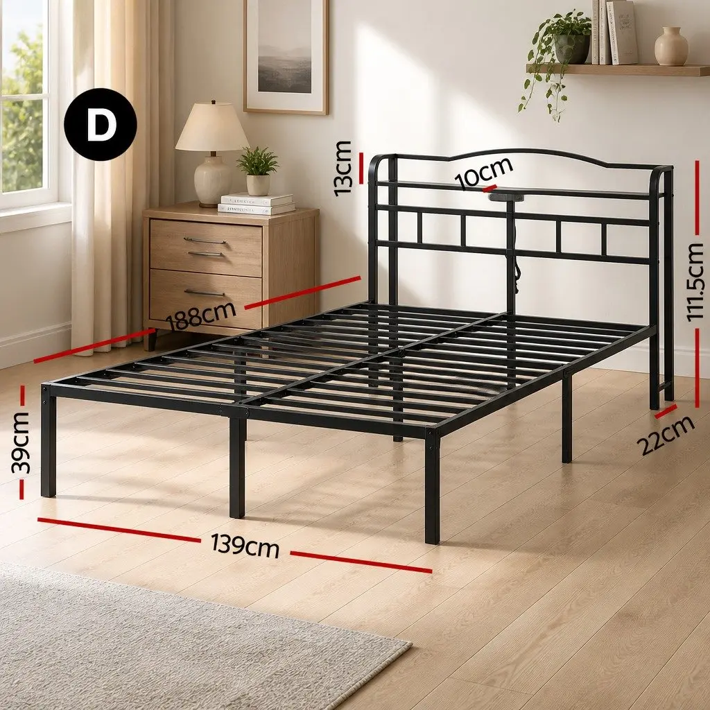 Double Bed Frame with Integrated Charging Station Rounded Corners Storage