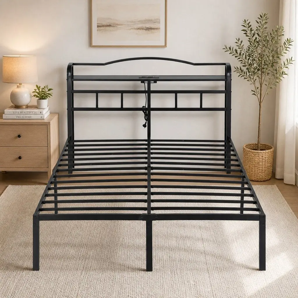 Double Bed Frame with Integrated Charging Station Rounded Corners Storage