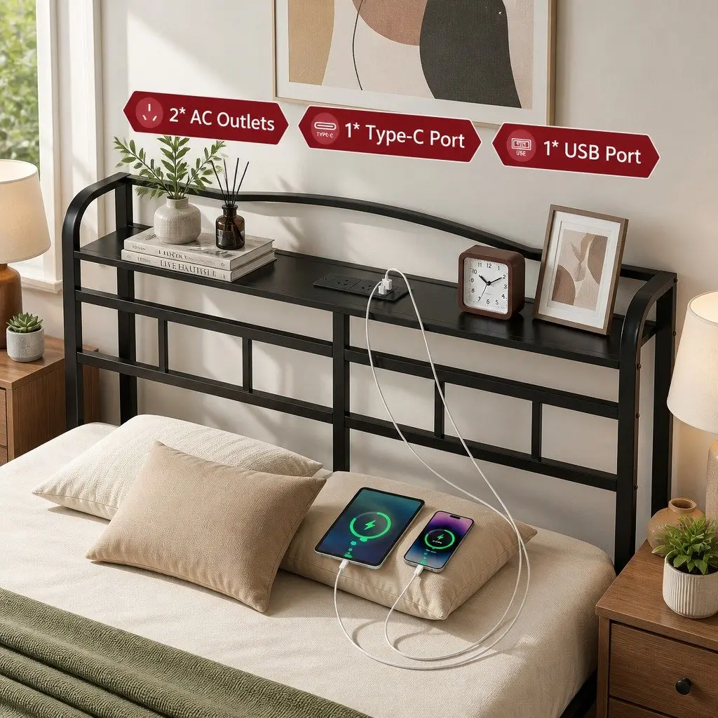 Double Bed Frame with Integrated Charging Station Rounded Corners Storage