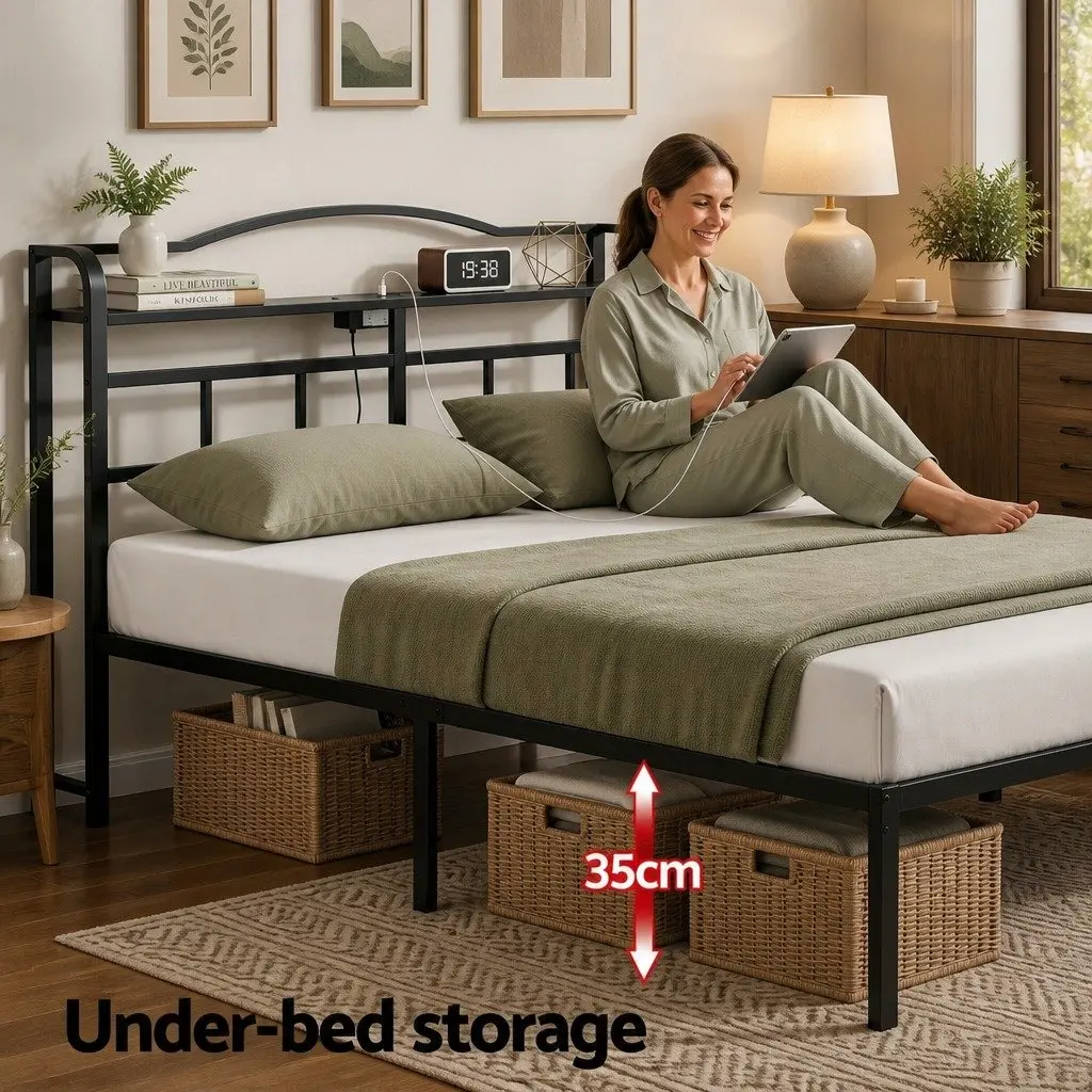 Double Bed Frame with Integrated Charging Station Rounded Corners Storage