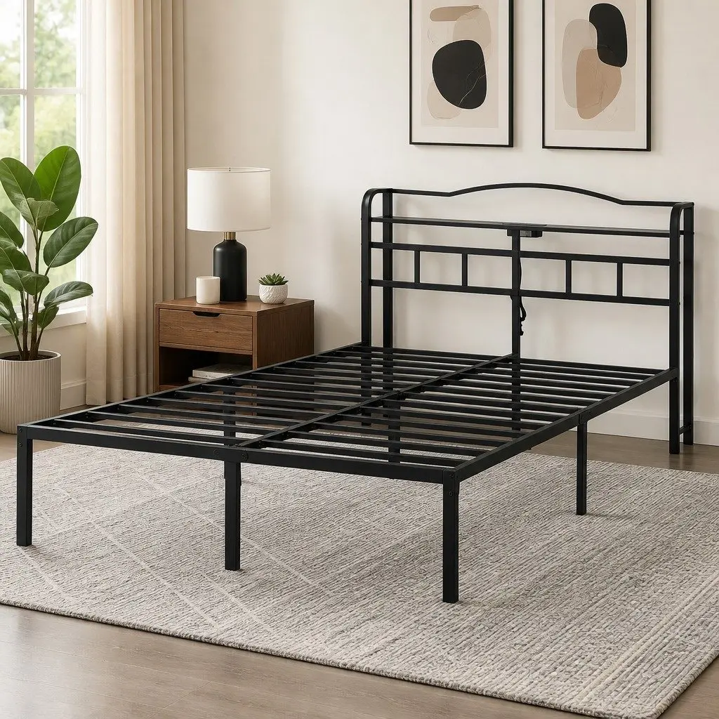 Double Bed Frame with Integrated Charging Station Rounded Corners Storage