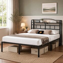 Queen Size Bed Frame with Integrated Charging Station AC Outlets USB Type-C