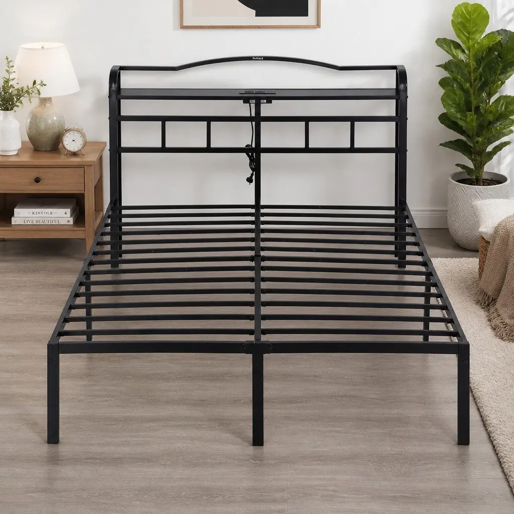 Queen Size Bed Frame for Bedroom with Integrated Charging Station AC Outlets USB Type-C
