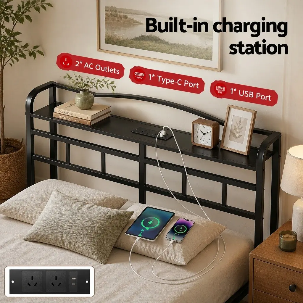 Queen Size Bed Frame for Bedroom with Integrated Charging Station AC Outlets USB Type-C